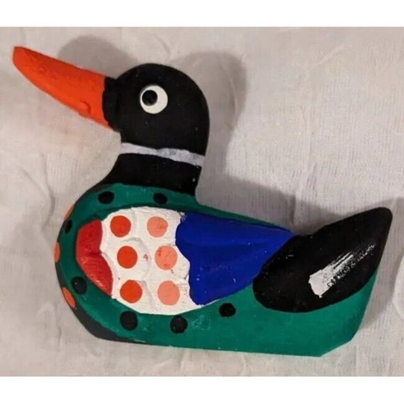 Handpainted Duck Wooden Carving Folk Art Decoy Miniature Colorful Figure Tiny - Picture 14 of 14